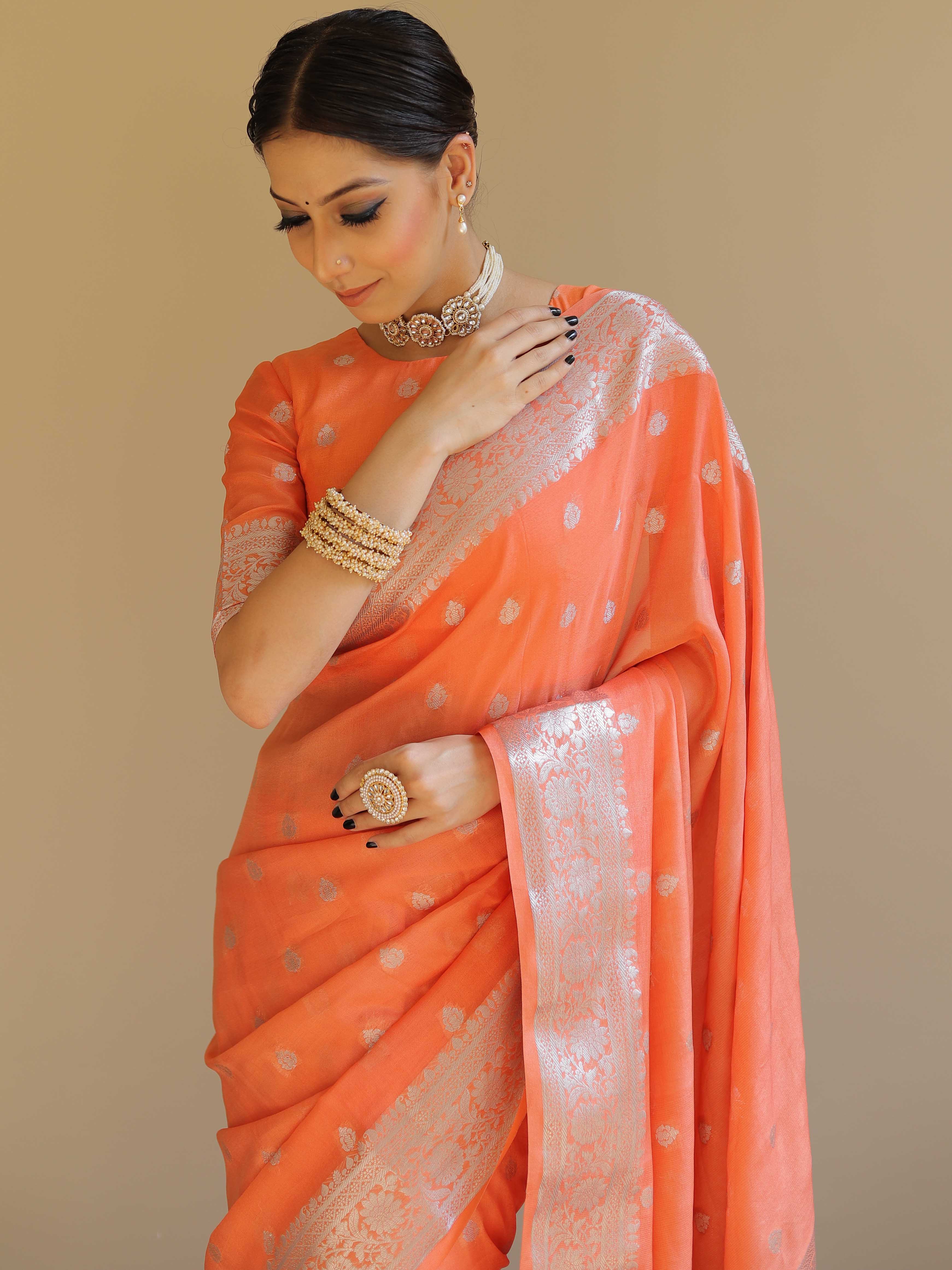 Banarasee Handwoven Semi-Chiffon Saree With Silver Zari Work-Peach