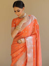 Banarasee Handwoven Semi-Chiffon Saree With Silver Zari Work-Peach