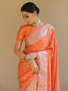 Banarasee Handwoven Semi-Chiffon Saree With Silver Zari Work-Peach