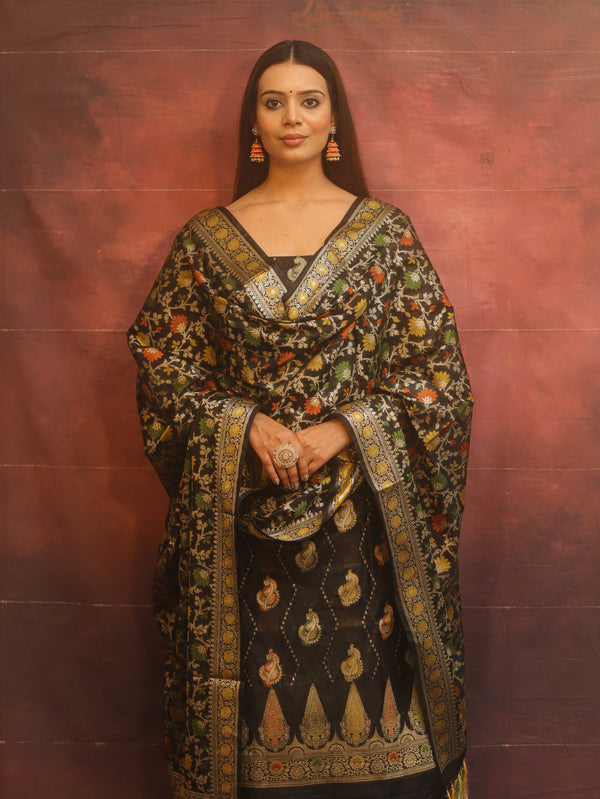 Banarasee Cotton Silk Resham Work Salwar Kameez Fabric With Dupatta-Black