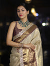 Banarasee Handwoven Tissue Saree With Zari Weaving Design Contrast Border & Lace-Beige & Brown