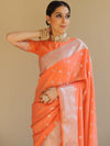 Banarasee Handwoven Semi-Chiffon Saree With Silver Zari Work-Peach