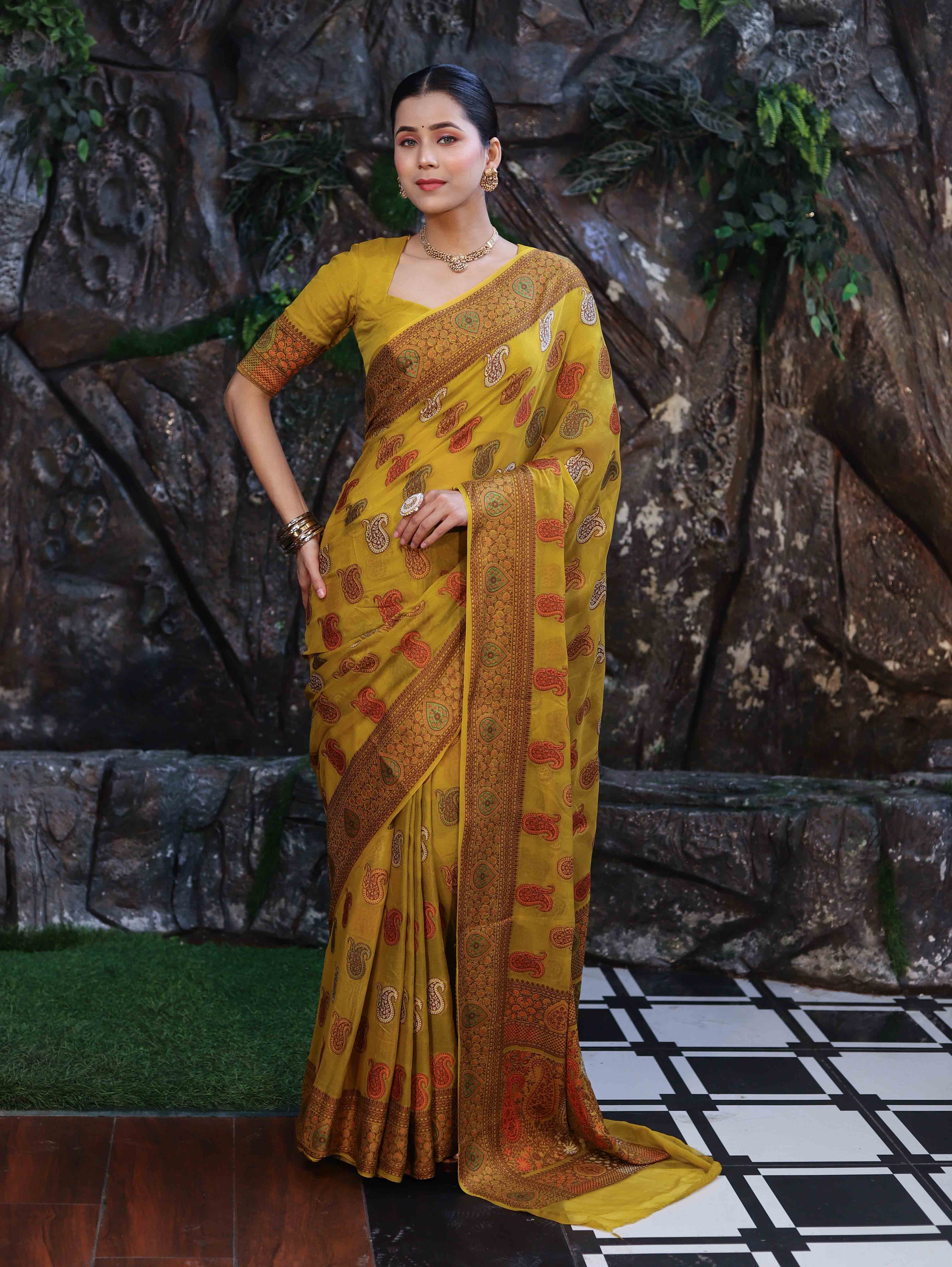 Banarasee Pure Chiffon Saree With Resham Work & Border-Lemon Yellow