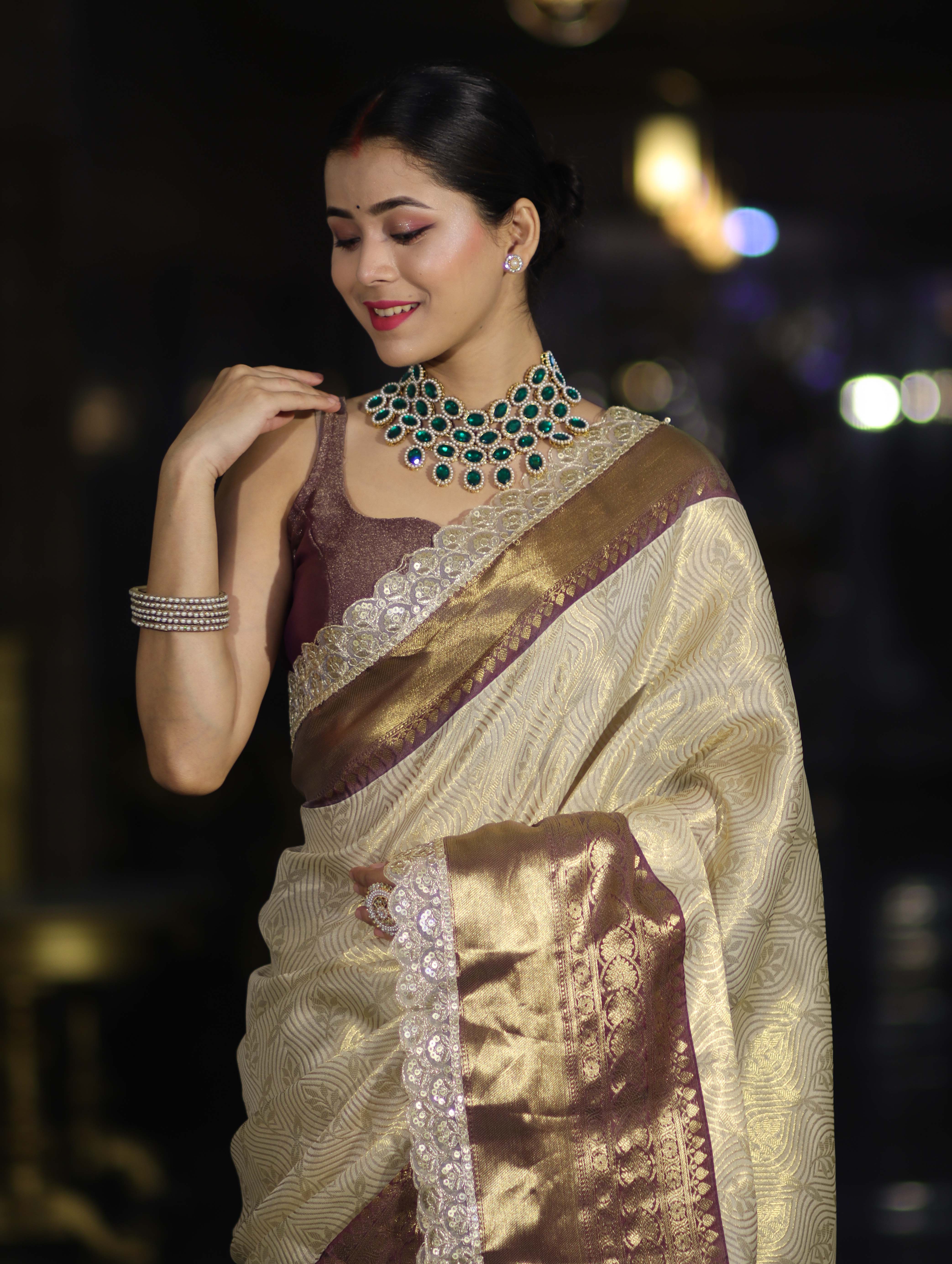 Banarasee Handwoven Tissue Saree With Zari Weaving Design Contrast Border & Lace-Beige & Brown