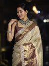 Banarasee Handwoven Tissue Saree With Zari Weaving Design Contrast Border & Lace-Beige & Brown