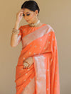 Banarasee Handwoven Semi-Chiffon Saree With Silver Zari Work-Peach