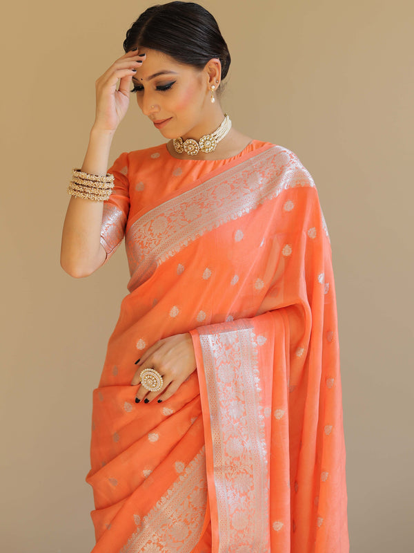 Banarasee Handwoven Semi-Chiffon Saree With Silver Zari Work-Peach
