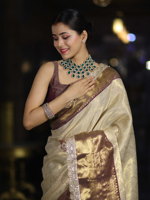 Banarasee Handwoven Tissue Saree With Zari Weaving Design Contrast Border & Lace-Beige & Brown