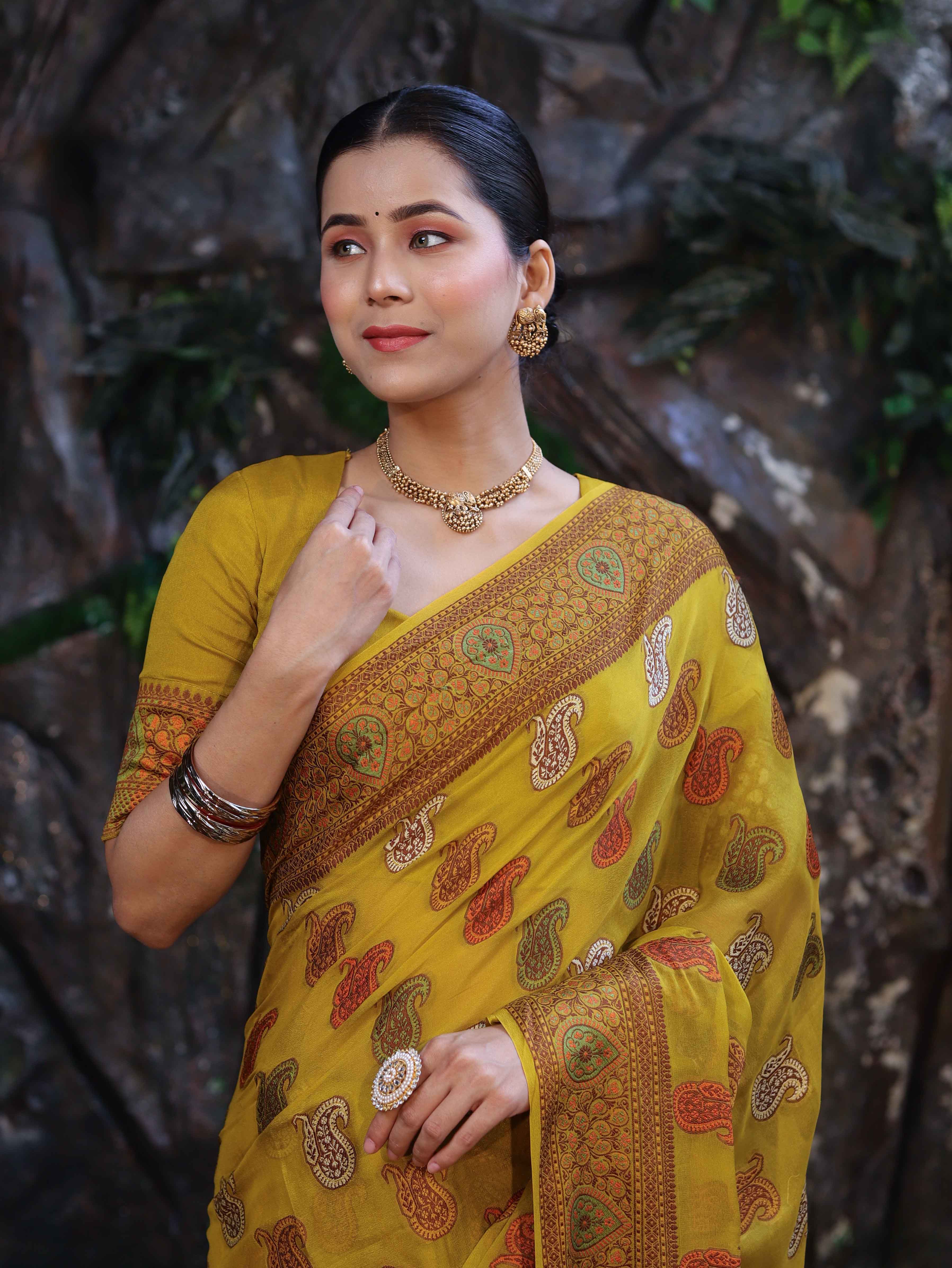 Banarasee Pure Chiffon Saree With Resham Work & Border-Lemon Yellow