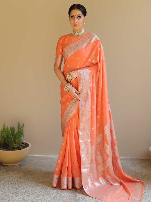 Banarasee Handwoven Semi-Chiffon Saree With Silver Zari Work-Peach