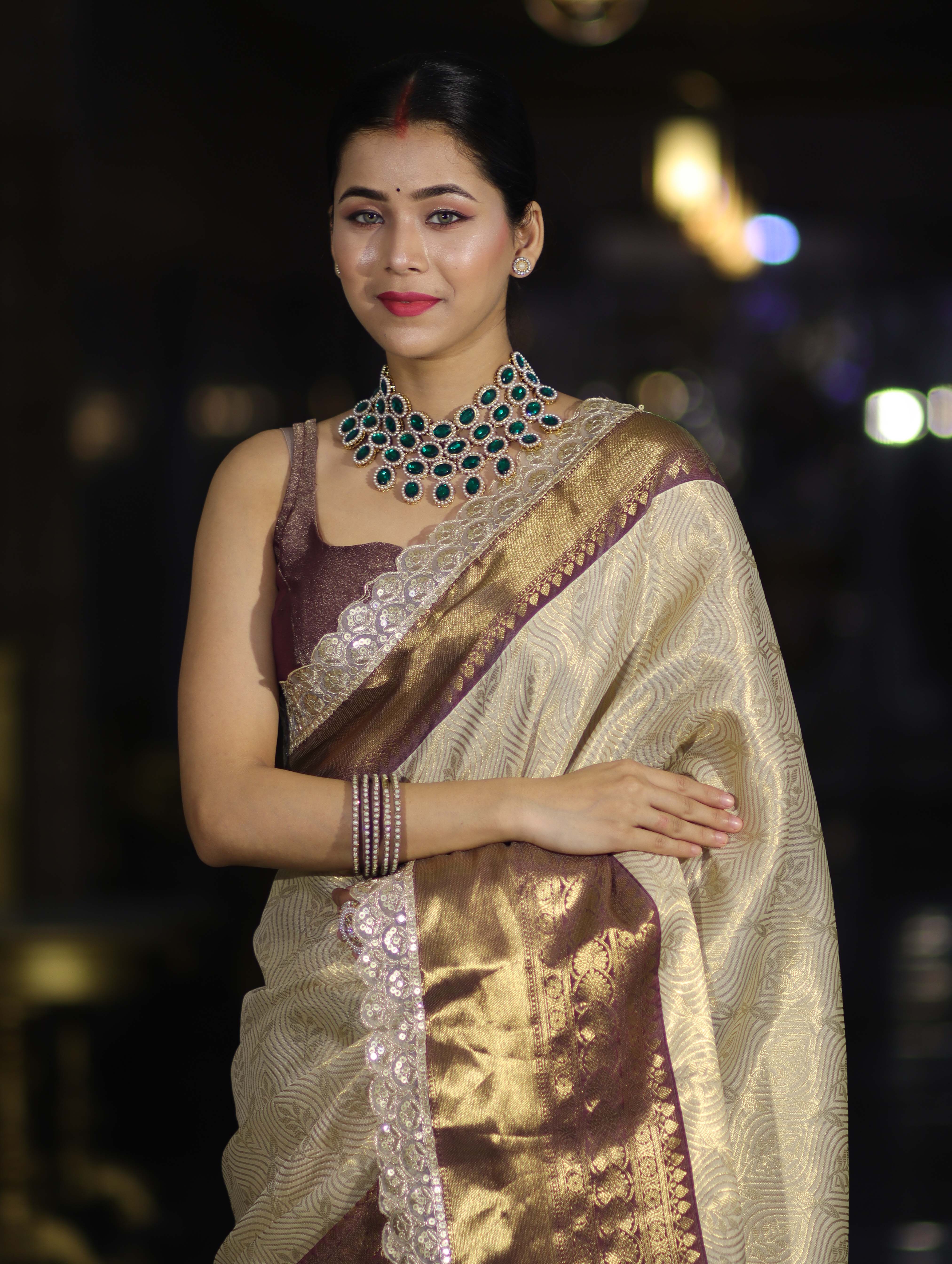 Banarasee Handwoven Tissue Saree With Zari Weaving Design Contrast Border & Lace-Beige & Brown