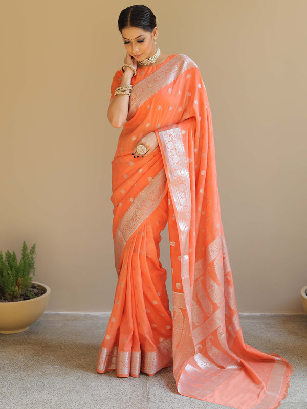 Banarasee Handwoven Semi-Chiffon Saree With Silver Zari Work-Peach