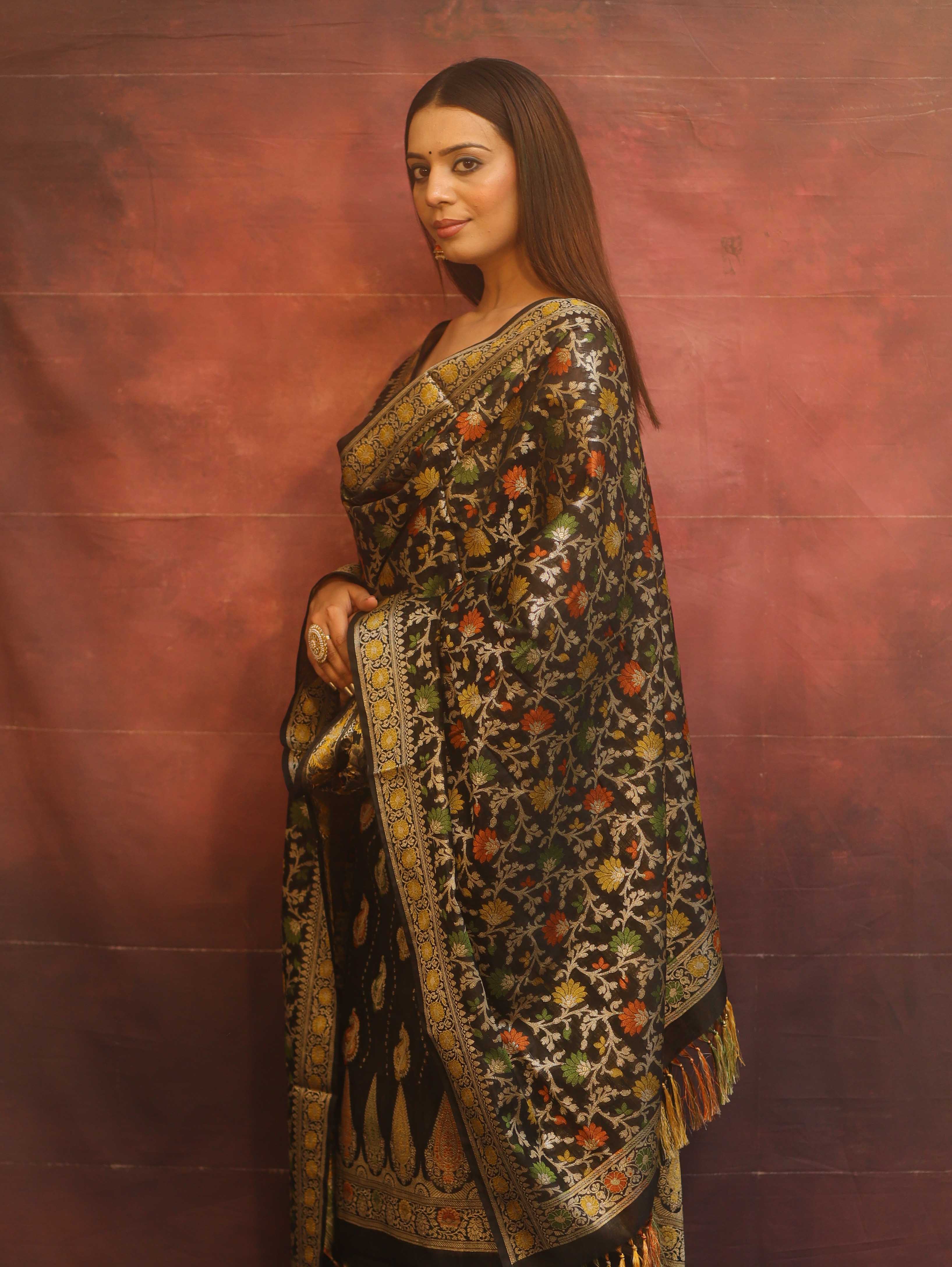 Banarasee Cotton Silk Resham Work Salwar Kameez Fabric With Dupatta-Black