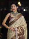 Banarasee Handwoven Tissue Saree With Zari Weaving Design Contrast Border & Lace-Beige & Brown