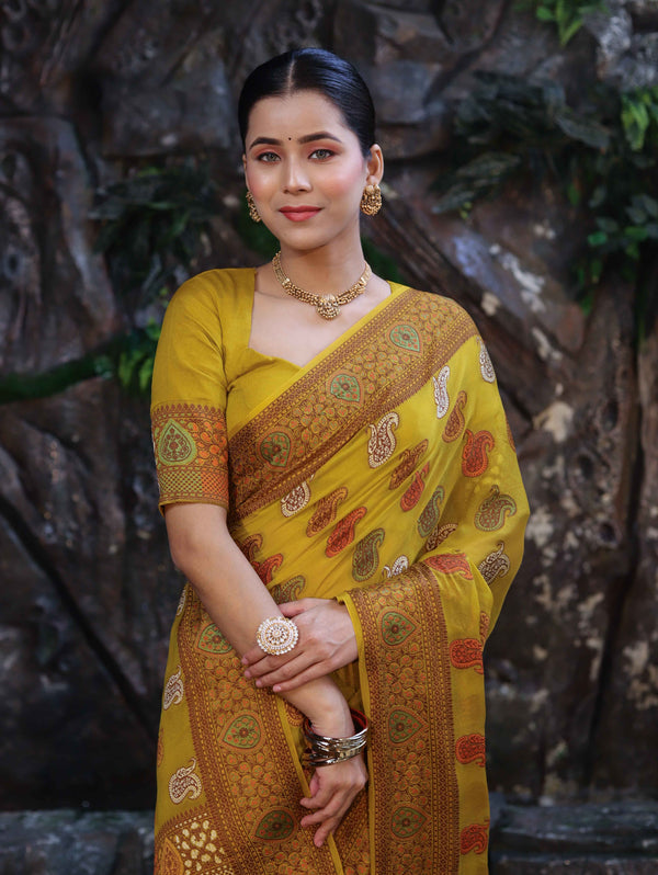Banarasee Pure Chiffon Saree With Resham Work & Border-Lemon Yellow