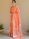 Banarasee Handwoven Semi-Chiffon Saree With Silver Zari Work-Peach