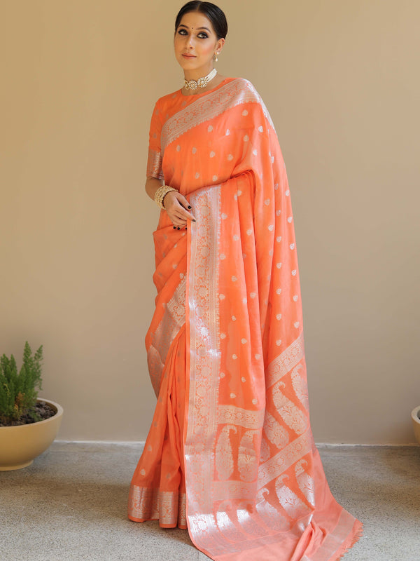 Banarasee Handwoven Semi-Chiffon Saree With Silver Zari Work-Peach
