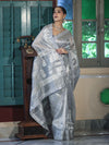 Banarasee Tissue Hand Embroidered Mirror Work Saree With Pearl Motifs & Swarovski Work-Silver
