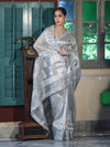 Banarasee Tissue Hand Embroidered Mirror Work Saree With Pearl Motifs & Swarovski Work-Silver