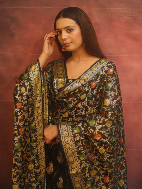 Banarasee Cotton Silk Resham Work Salwar Kameez Fabric With Dupatta-Black