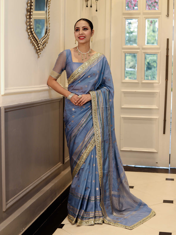 Banarasee Handloom Semi Silk Saree With Swarovski Work Border & Lace-Light Blue