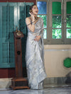 Banarasee Tissue Hand Embroidered Mirror Work Saree With Pearl Motifs & Swarovski Work-Silver