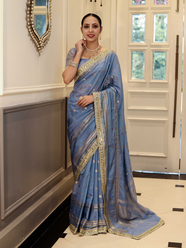 Banarasee Handloom Semi Silk Saree With Swarovski Work Border & Lace-Light Blue