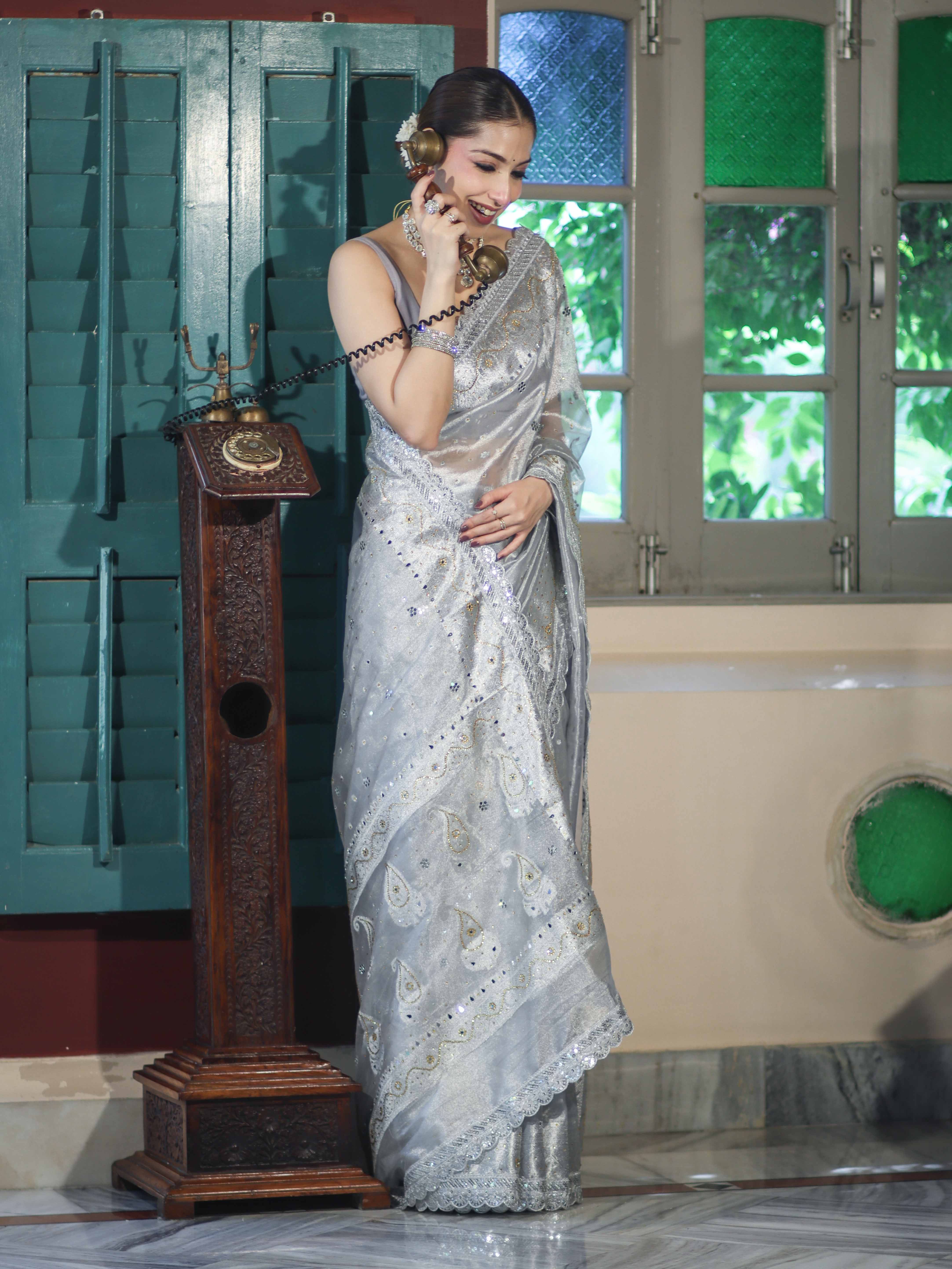 Banarasee Tissue Hand Embroidered Mirror Work Saree With Pearl Motifs & Swarovski Work-Silver