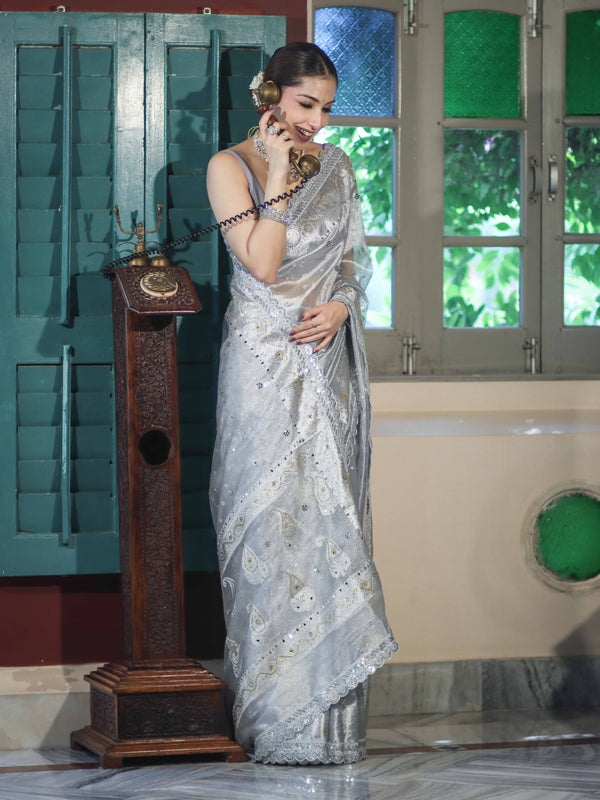 Banarasee Tissue Hand Embroidered Mirror Work Saree With Pearl Motifs & Swarovski Work-Silver