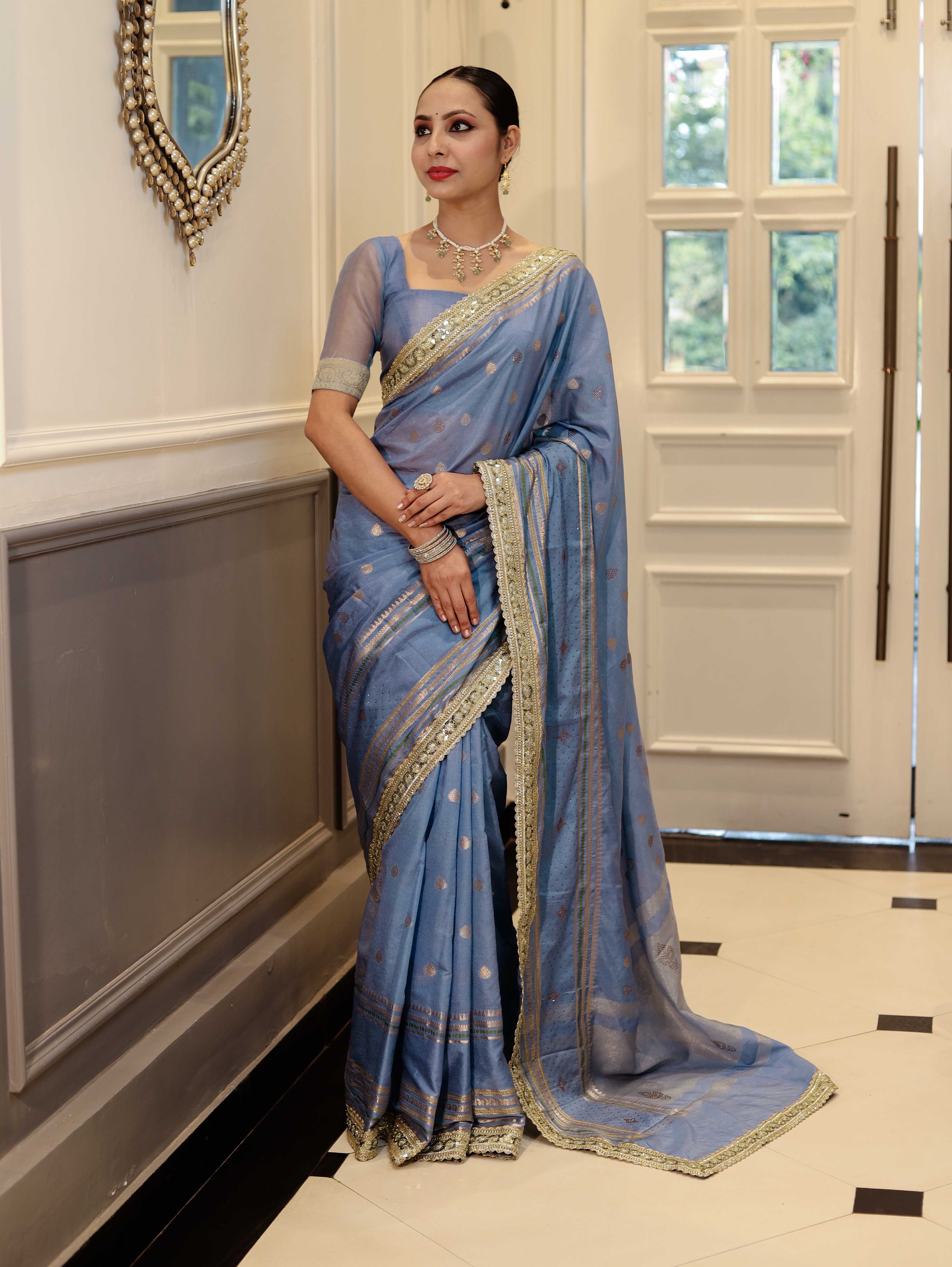 Banarasee Handloom Semi Silk Saree With Swarovski Work Border & Lace-Light Blue