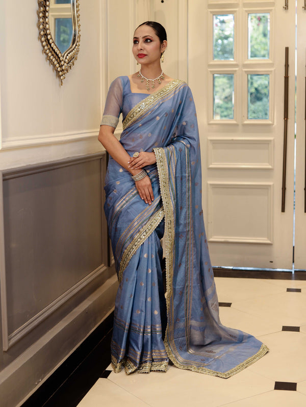 Banarasee Handloom Semi Silk Saree With Swarovski Work Border & Lace-Light Blue