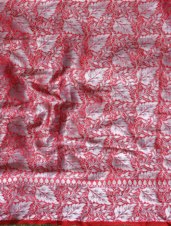 Banarasee Handwoven Plain Semi Silk Saree With Silver Zari Border-Red