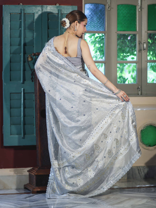 Banarasee Tissue Hand Embroidered Mirror Work Saree With Pearl Motifs & Swarovski Work-Silver