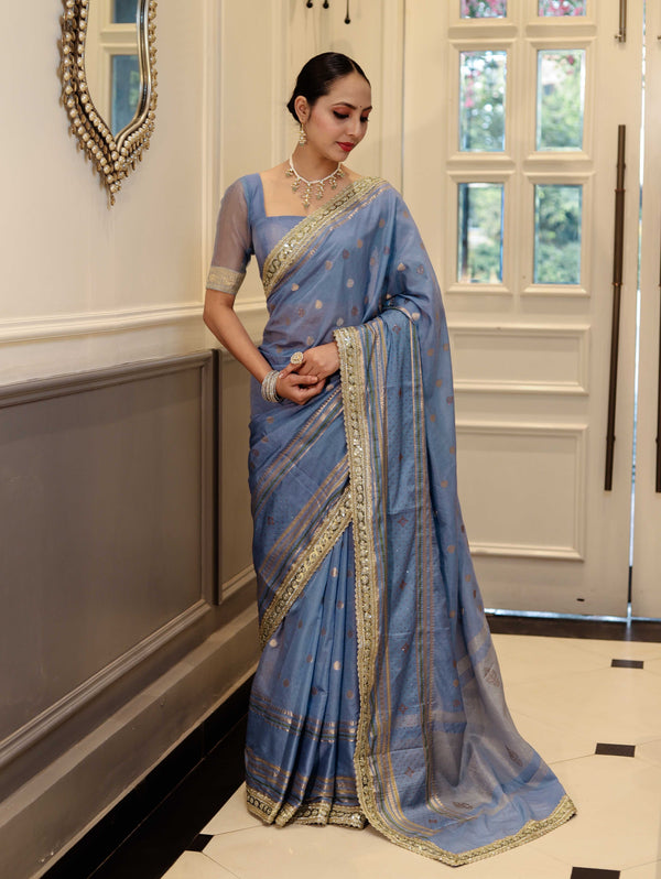 Banarasee Handloom Semi Silk Saree With Swarovski Work Border & Lace-Light Blue