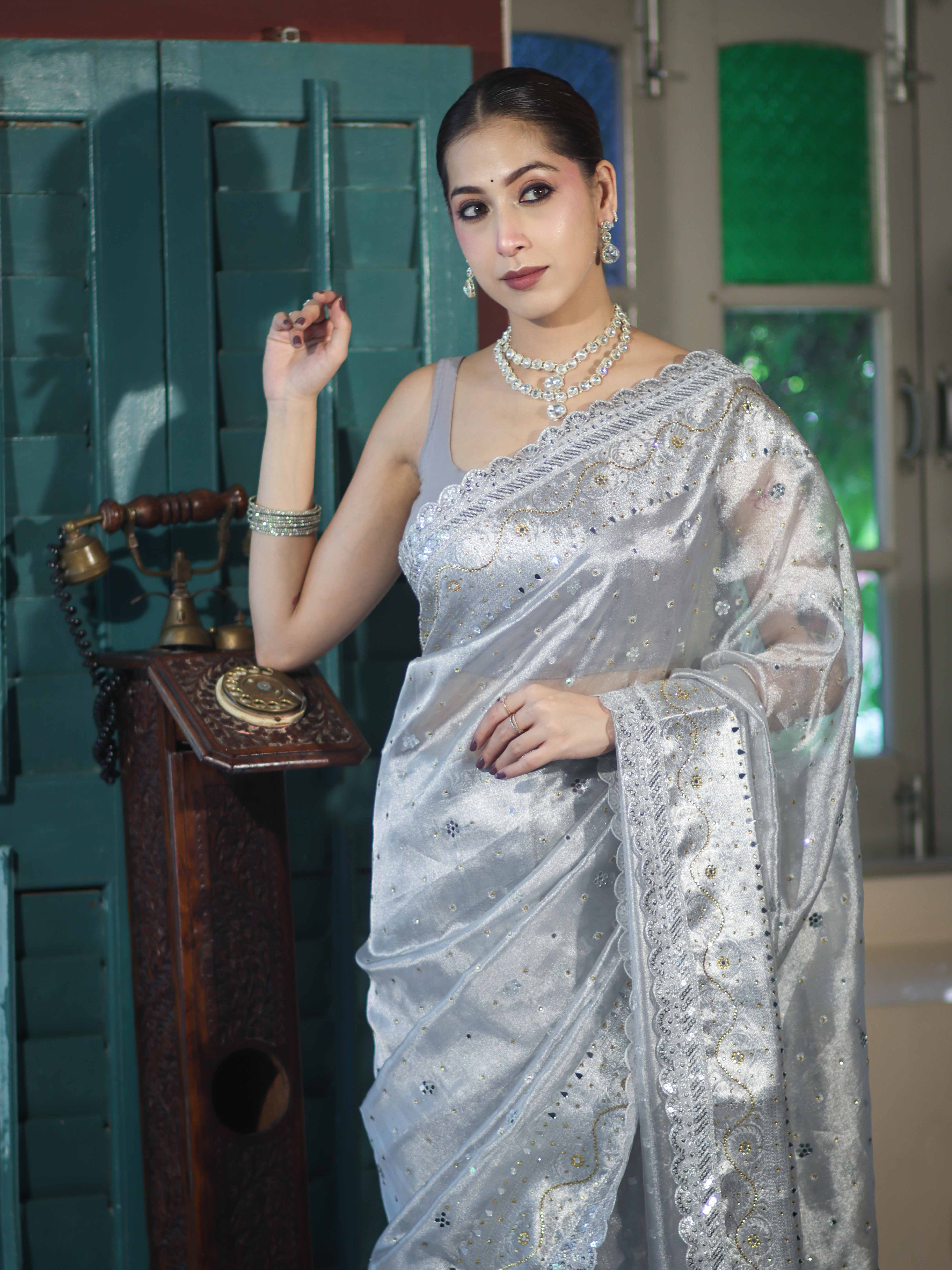 Banarasee Tissue Hand Embroidered Mirror Work Saree With Pearl Motifs & Swarovski Work-Silver