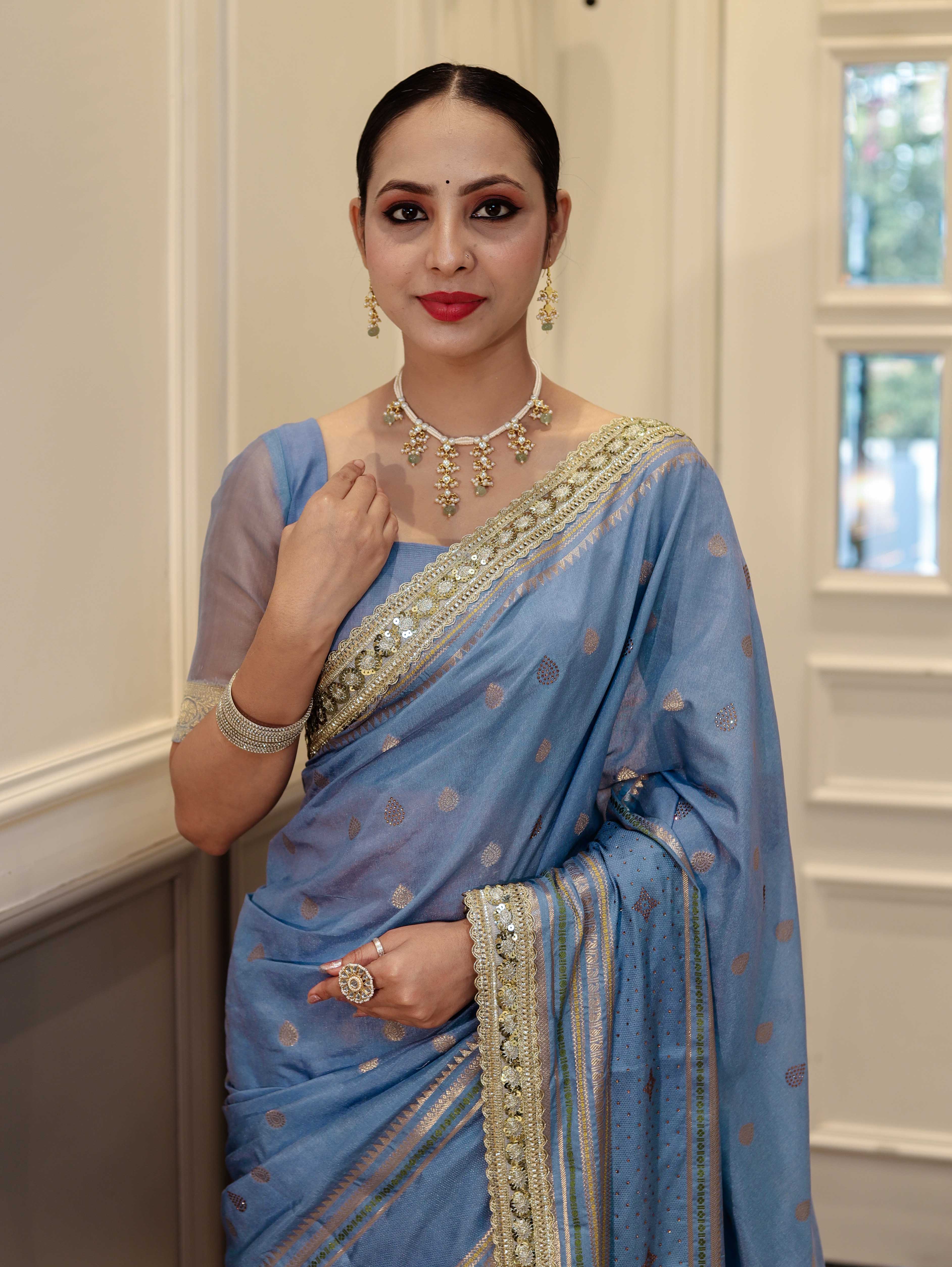 Banarasee Handloom Semi Silk Saree With Swarovski Work Border & Lace-Light Blue