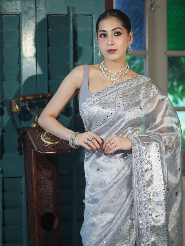 Banarasee Tissue Hand Embroidered Mirror Work Saree With Pearl Motifs & Swarovski Work-Silver