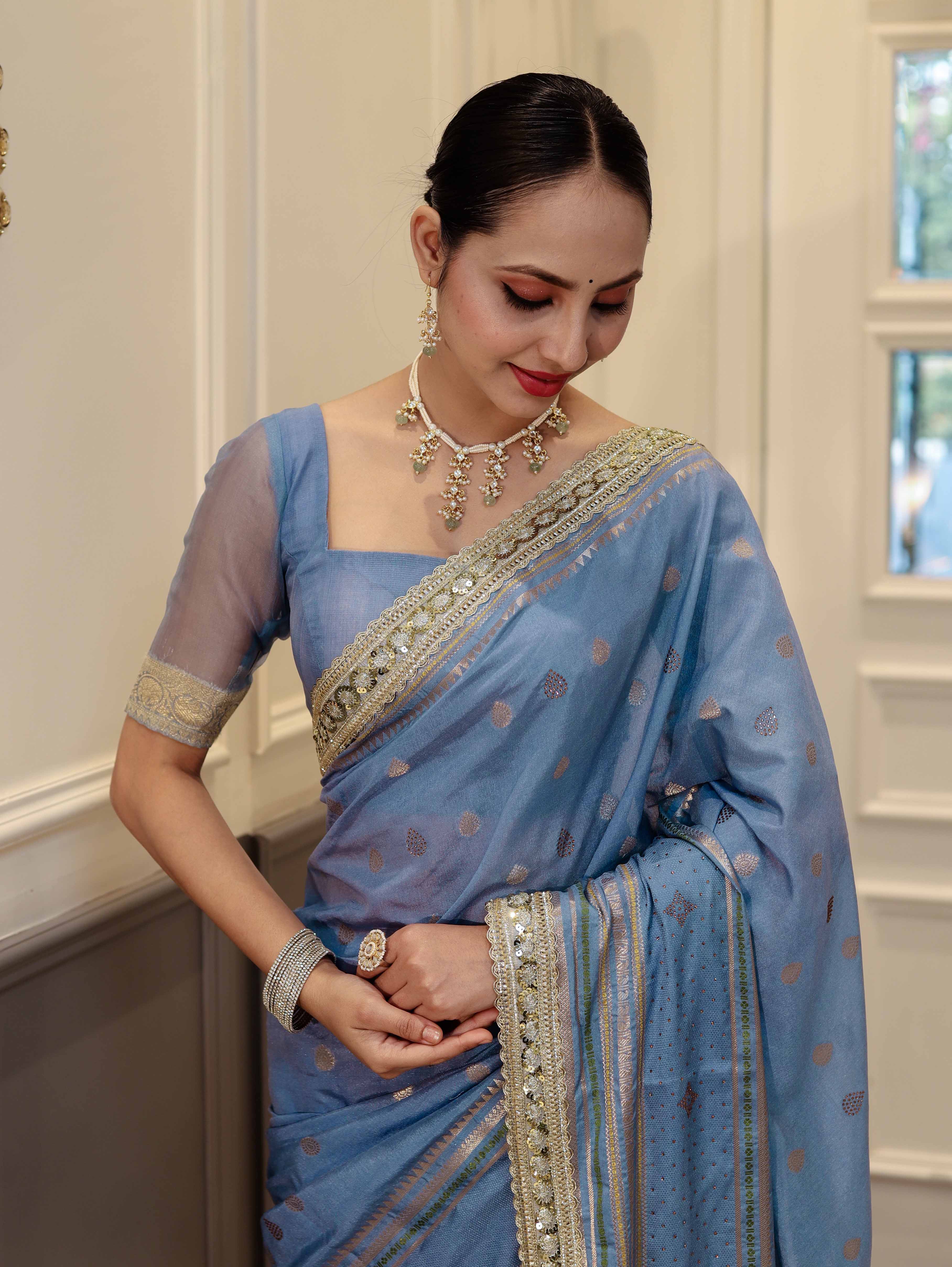 Banarasee Handloom Semi Silk Saree With Swarovski Work Border & Lace-Light Blue