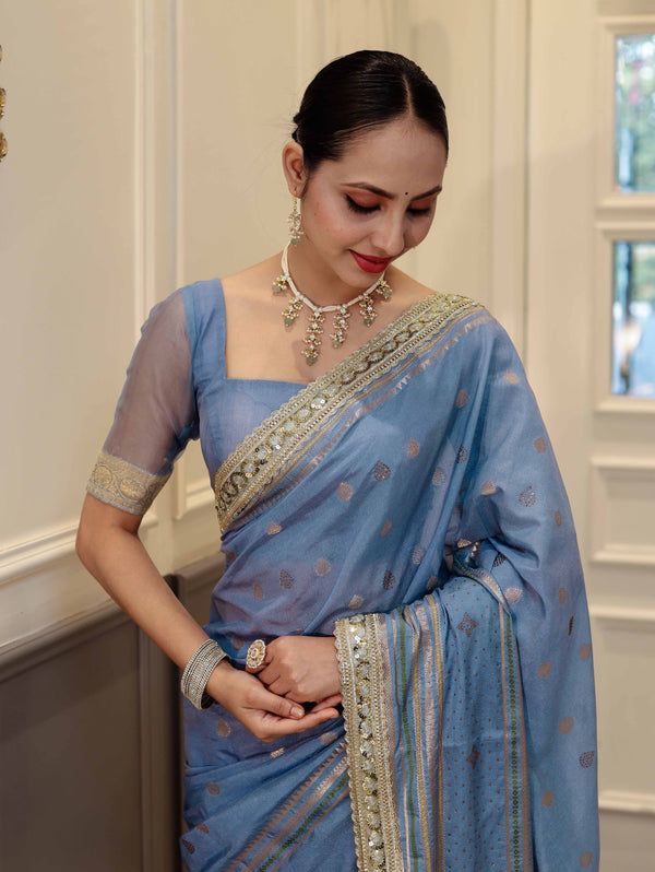 Banarasee Handloom Semi Silk Saree With Swarovski Work Border & Lace-Light Blue
