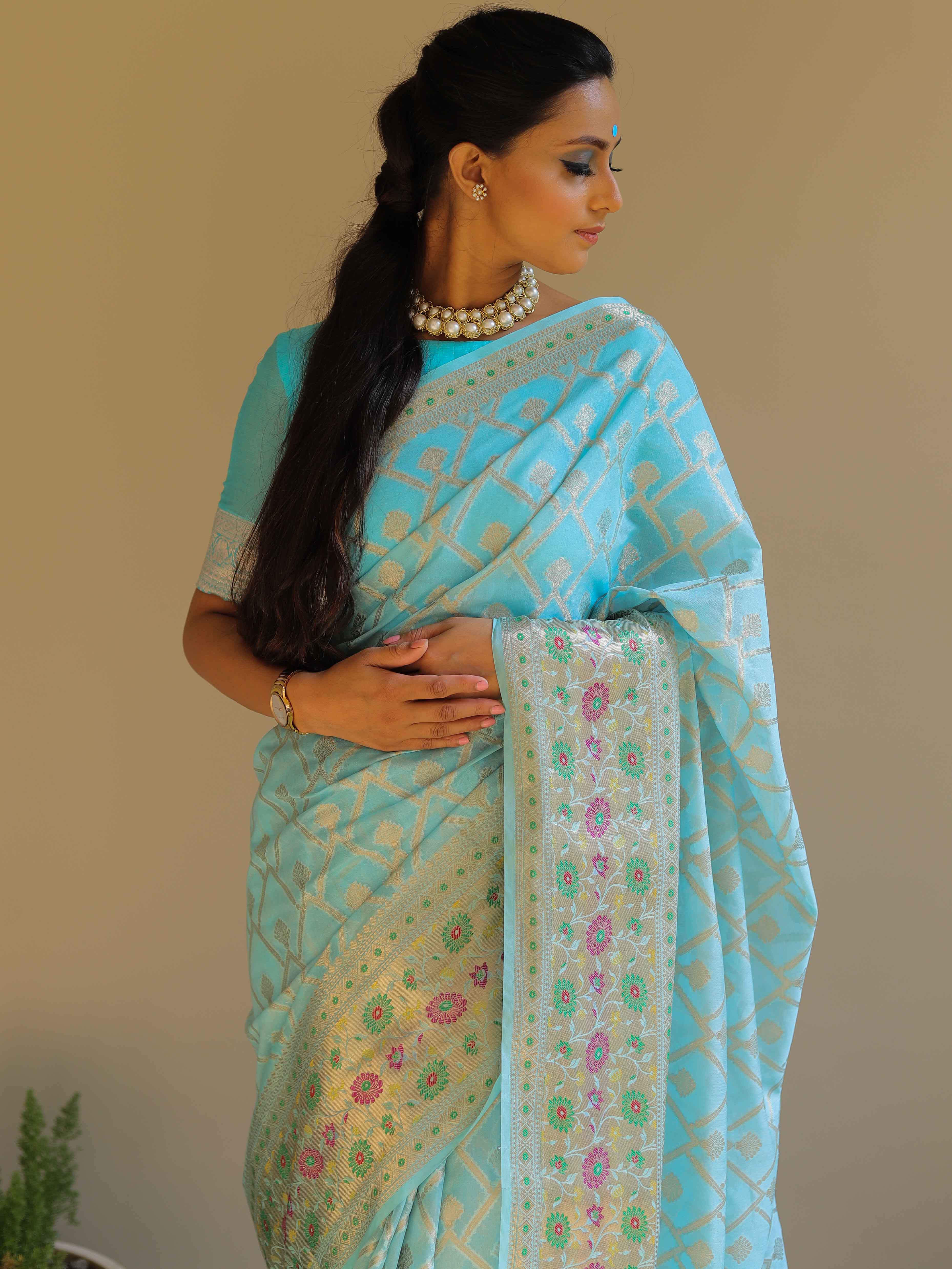 Banarasee Faux Georgette Saree With Gold Zari Jaal & Meena Border-Light Blue