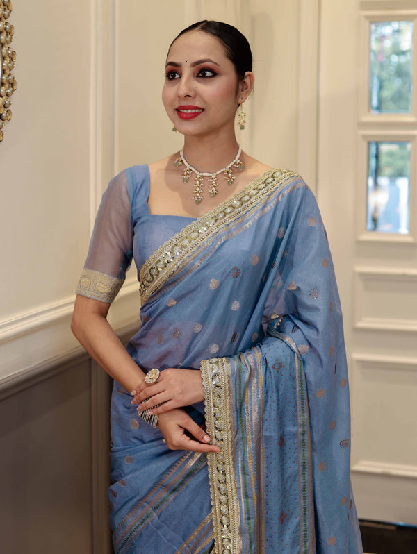 Banarasee Handloom Semi Silk Saree With Swarovski Work Border & Lace-Light Blue