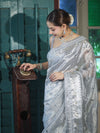 Banarasee Tissue Hand Embroidered Mirror Work Saree With Pearl Motifs & Swarovski Work-Silver