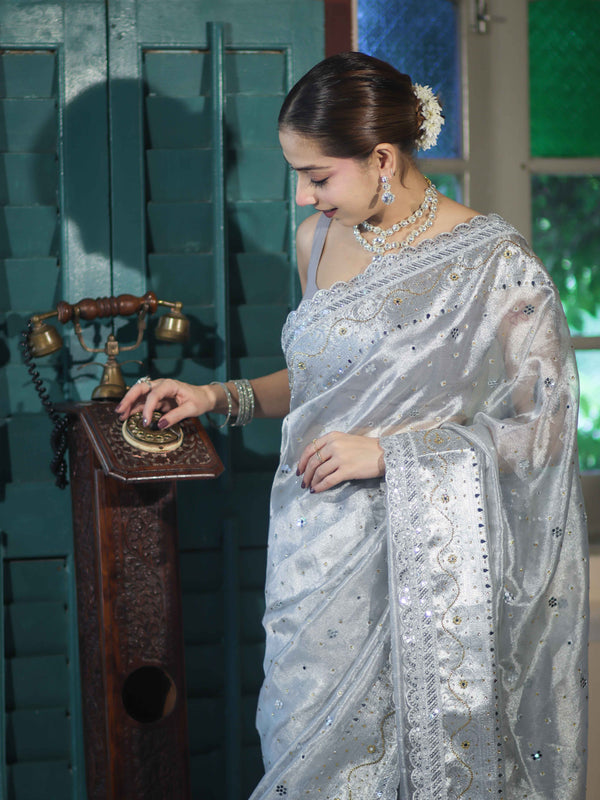 Banarasee Tissue Hand Embroidered Mirror Work Saree With Pearl Motifs & Swarovski Work-Silver