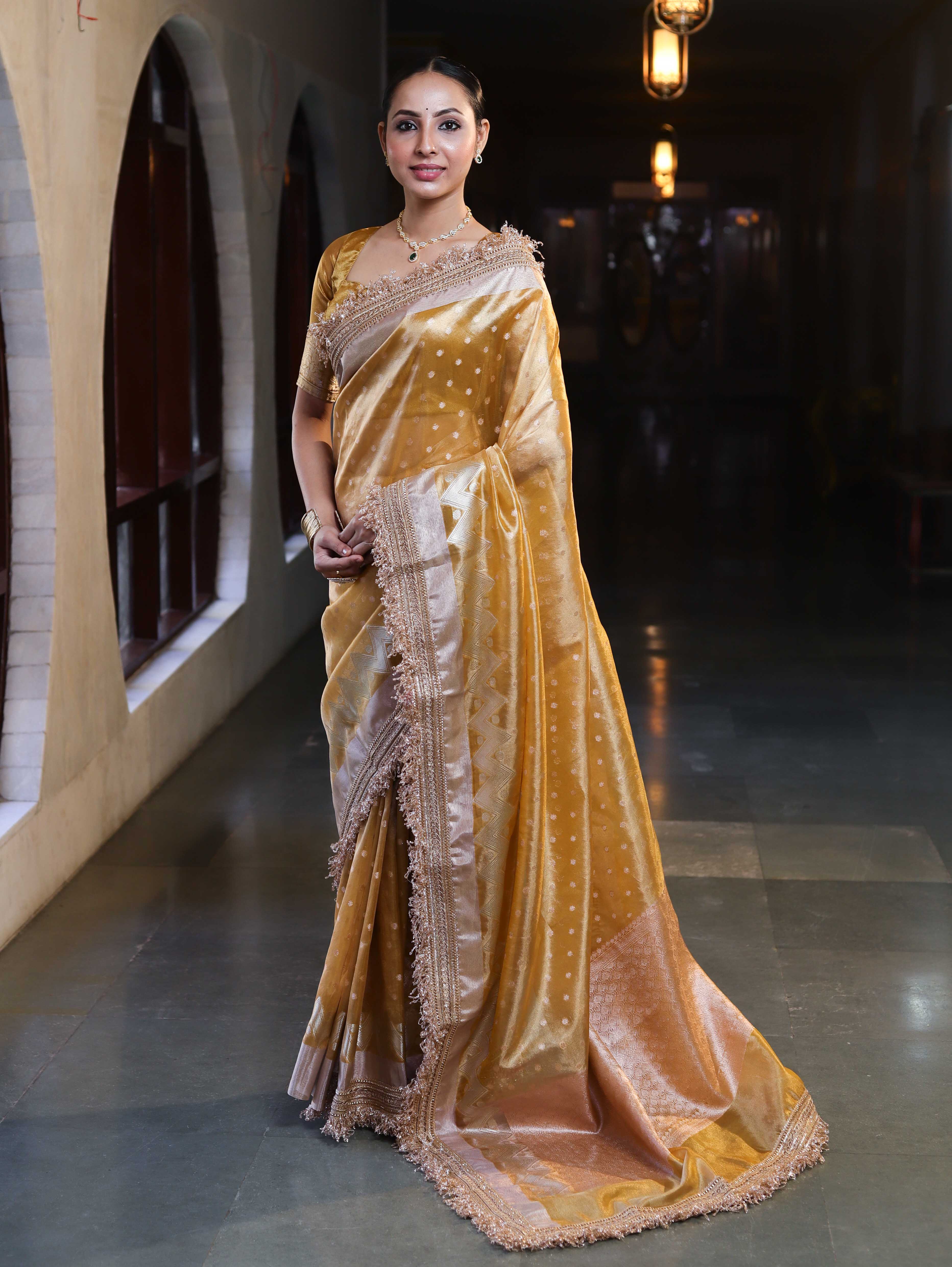 Banarasee Handwoven Tissue Saree With Zari Buti Design & Lace-Yellow