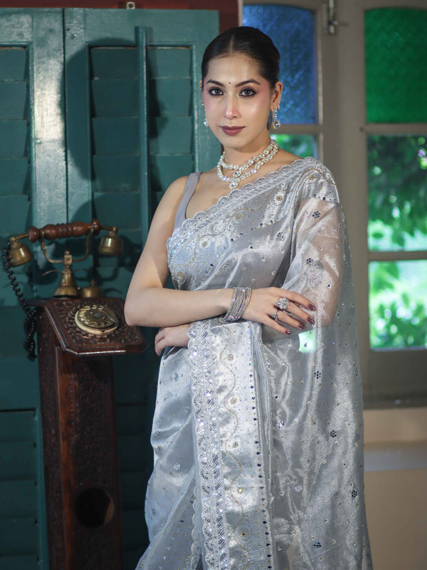 Banarasee Tissue Hand Embroidered Mirror Work Saree With Pearl Motifs & Swarovski Work-Silver