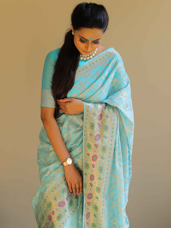 Banarasee Faux Georgette Saree With Gold Zari Jaal & Meena Border-Light Blue