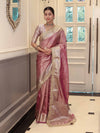Banarasee Handwoven Plain Tissue Saree With Zari Border & Lace-Lilac