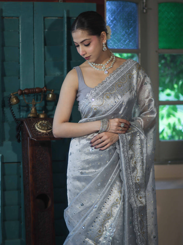 Banarasee Tissue Hand Embroidered Mirror Work Saree With Pearl Motifs & Swarovski Work-Silver