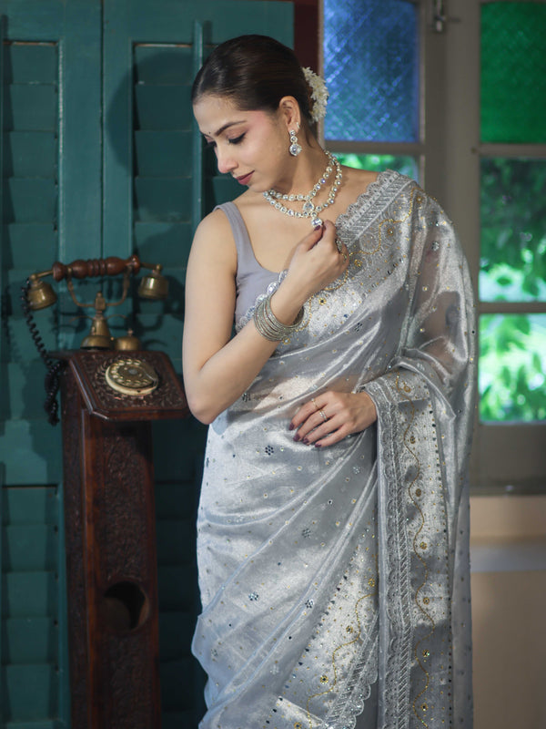 Banarasee Tissue Hand Embroidered Mirror Work Saree With Pearl Motifs & Swarovski Work-Silver