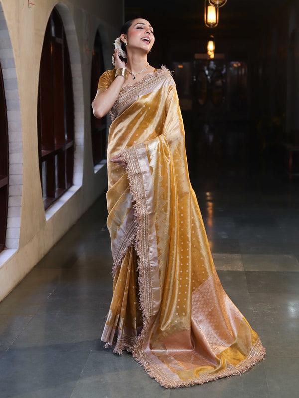 Banarasee Handwoven Tissue Saree With Zari Buti Design & Lace-Yellow
